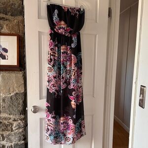 Express Strapless Maxi Dress in Black with Pink, Turquoise & Orange Paisley